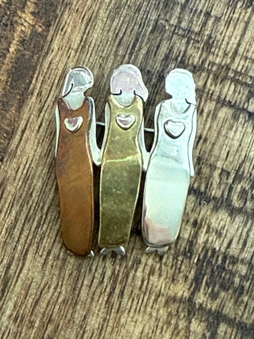 Vintage Mima & Oly Far Fetched Three Sisters Mixed Metal Brooch M&O